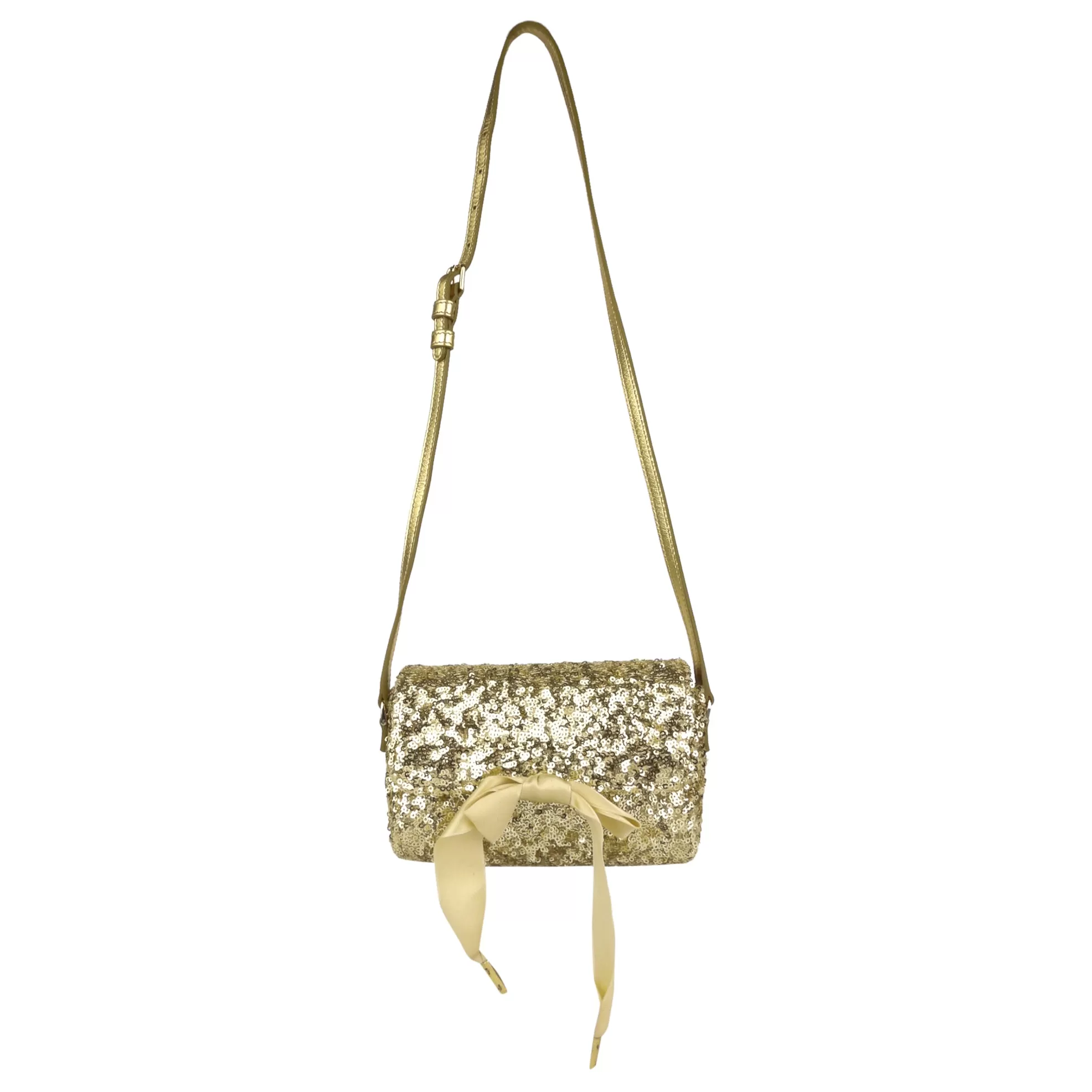 Dolce and Gabbana Gold Metallic Sequin Leather Bow Small Shoulder Flap Bag