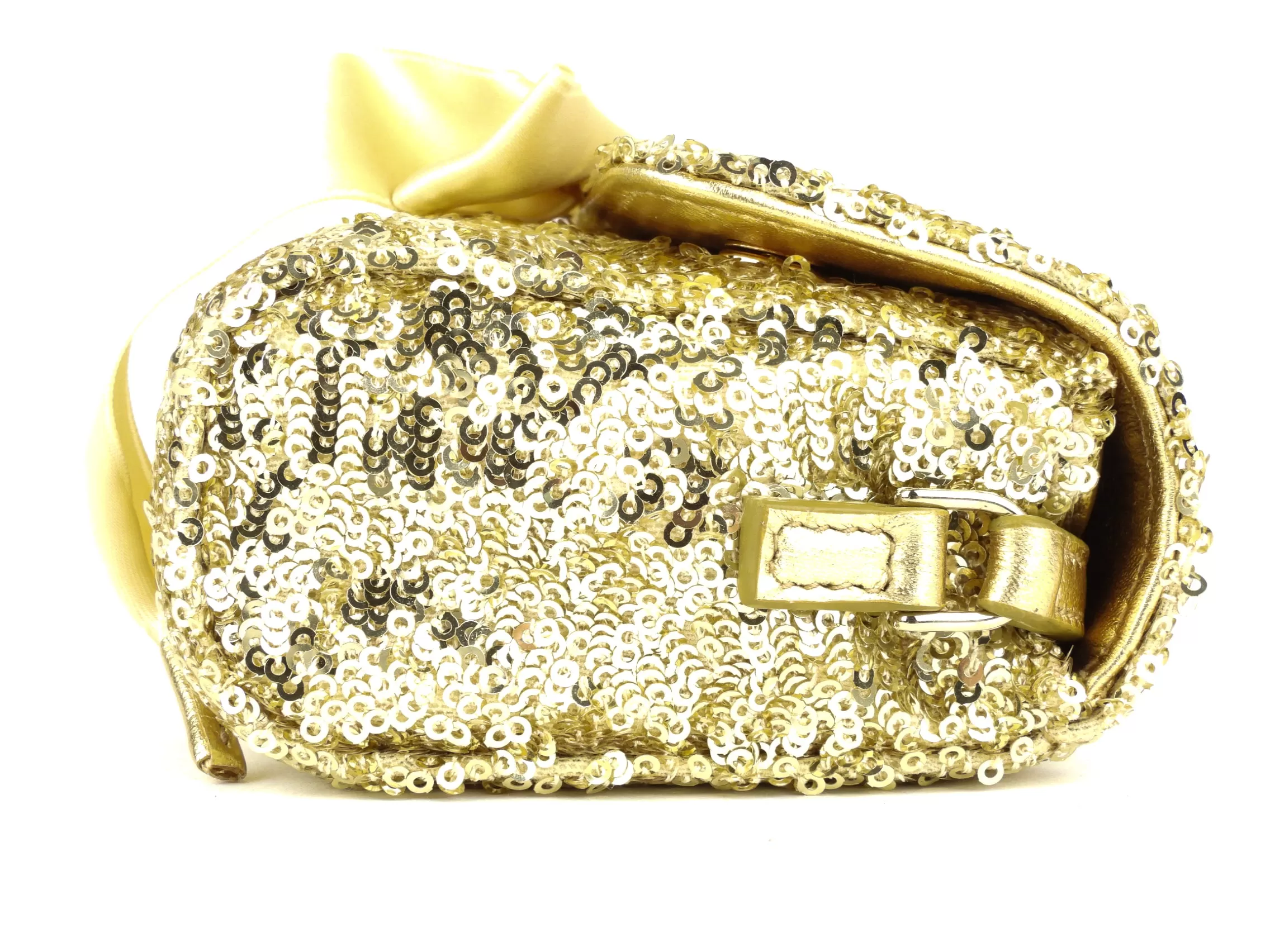 Dolce and Gabbana Gold Metallic Sequin Leather Bow Small Shoulder Flap Bag