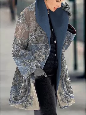 Elegant Floral Print Women's Winter Pea Coat