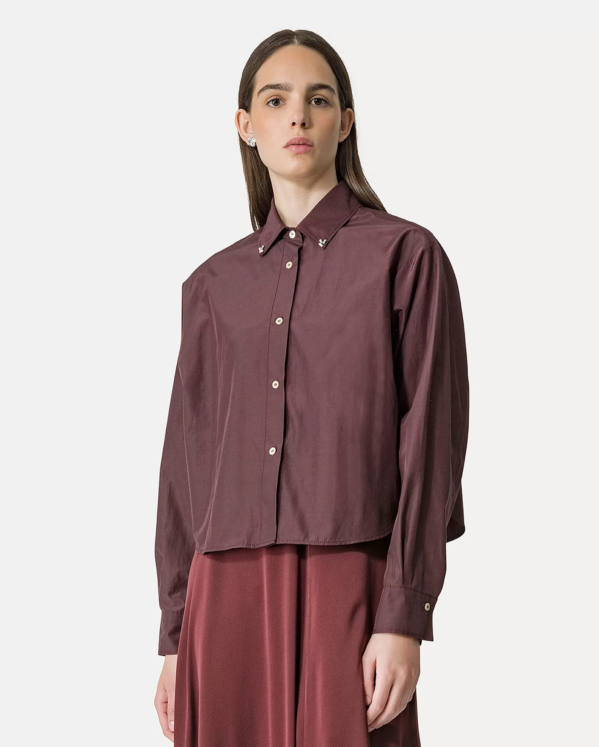 EMBROIDERED CHIC TAFFETTA BOXY SHIRT / CACAO