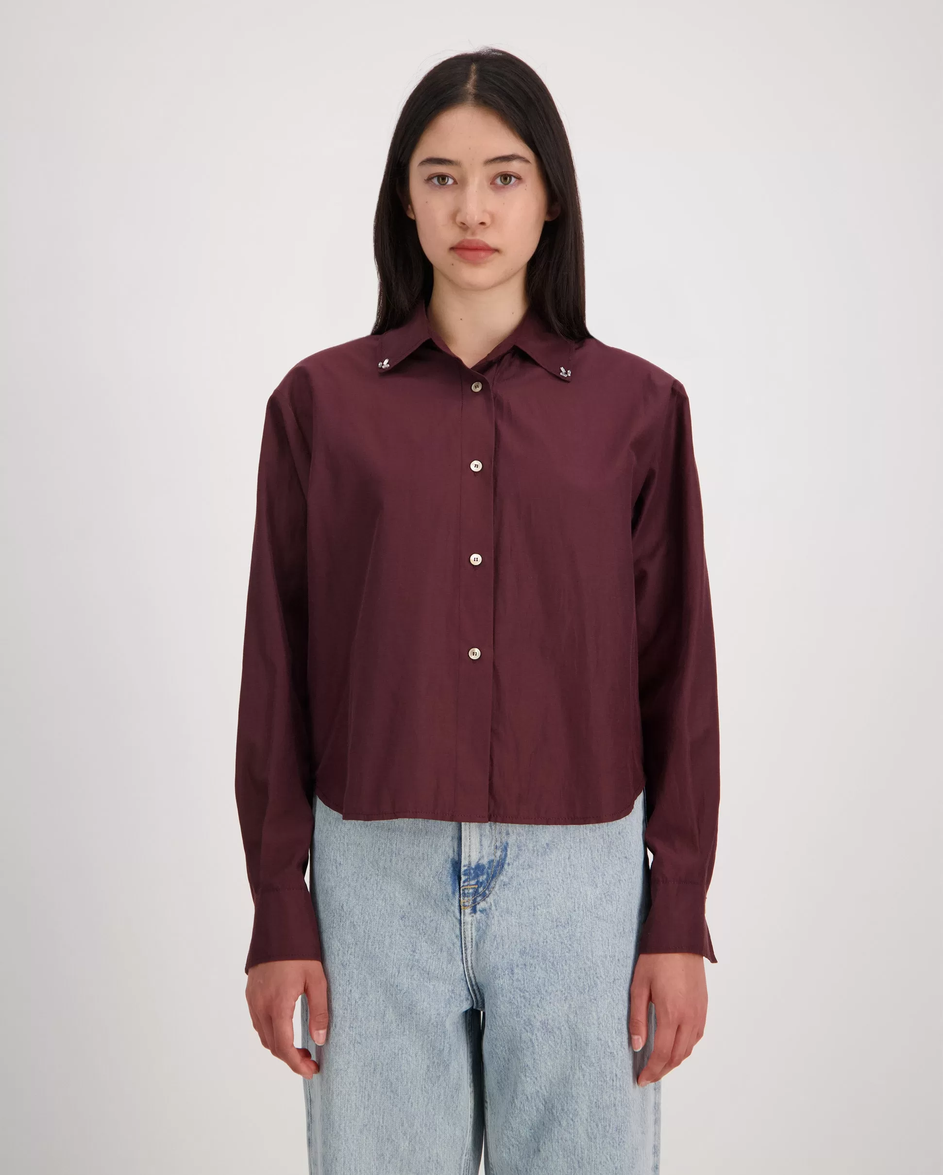 EMBROIDERED CHIC TAFFETTA BOXY SHIRT / CACAO