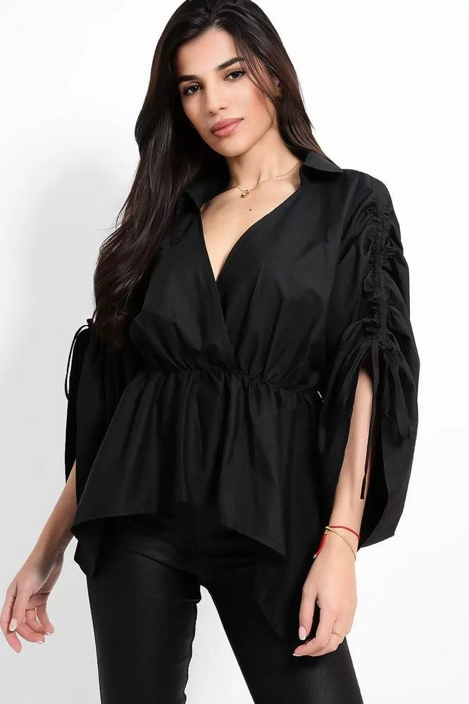 Exaggerated Drawstring Sleeves Peplum Blouse