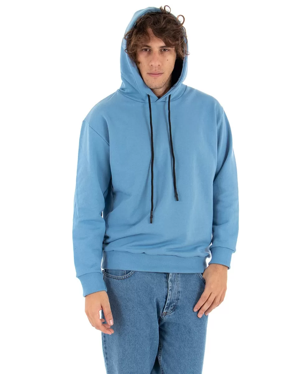 Felpa Con Cappuccio Uomo Basic Tinta Unita Azzurro Comoda Relaxed Fit Garzata Leggera GIOSAL-F2870A