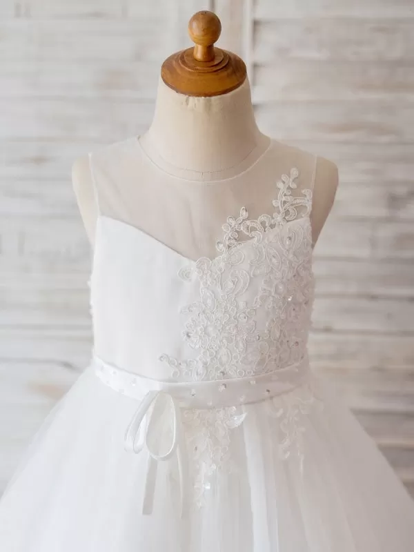 Flower Girl Dresses Round Neck Lace Sleeveless Knee-Length Princess Beaded Kids Party Dresses