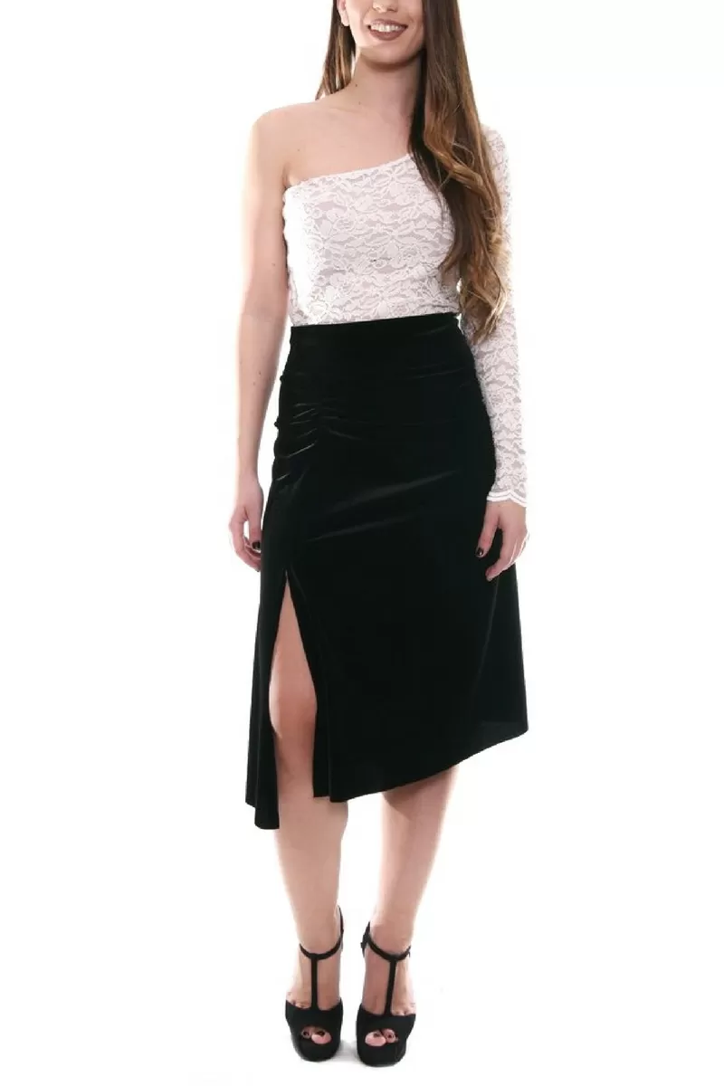 Gathered Velvet Tango Skirt with Slits