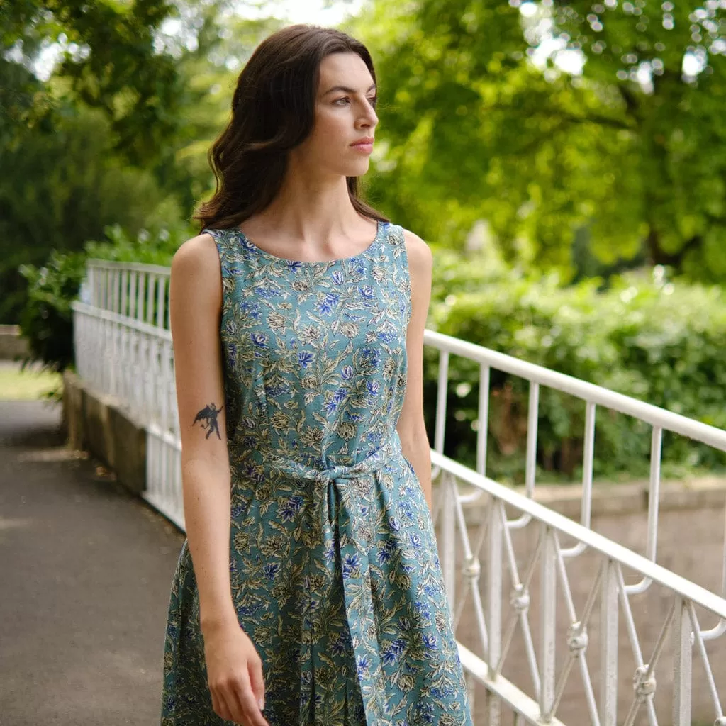 Grace Textured Cotton Swing Dress | Sea Green Print