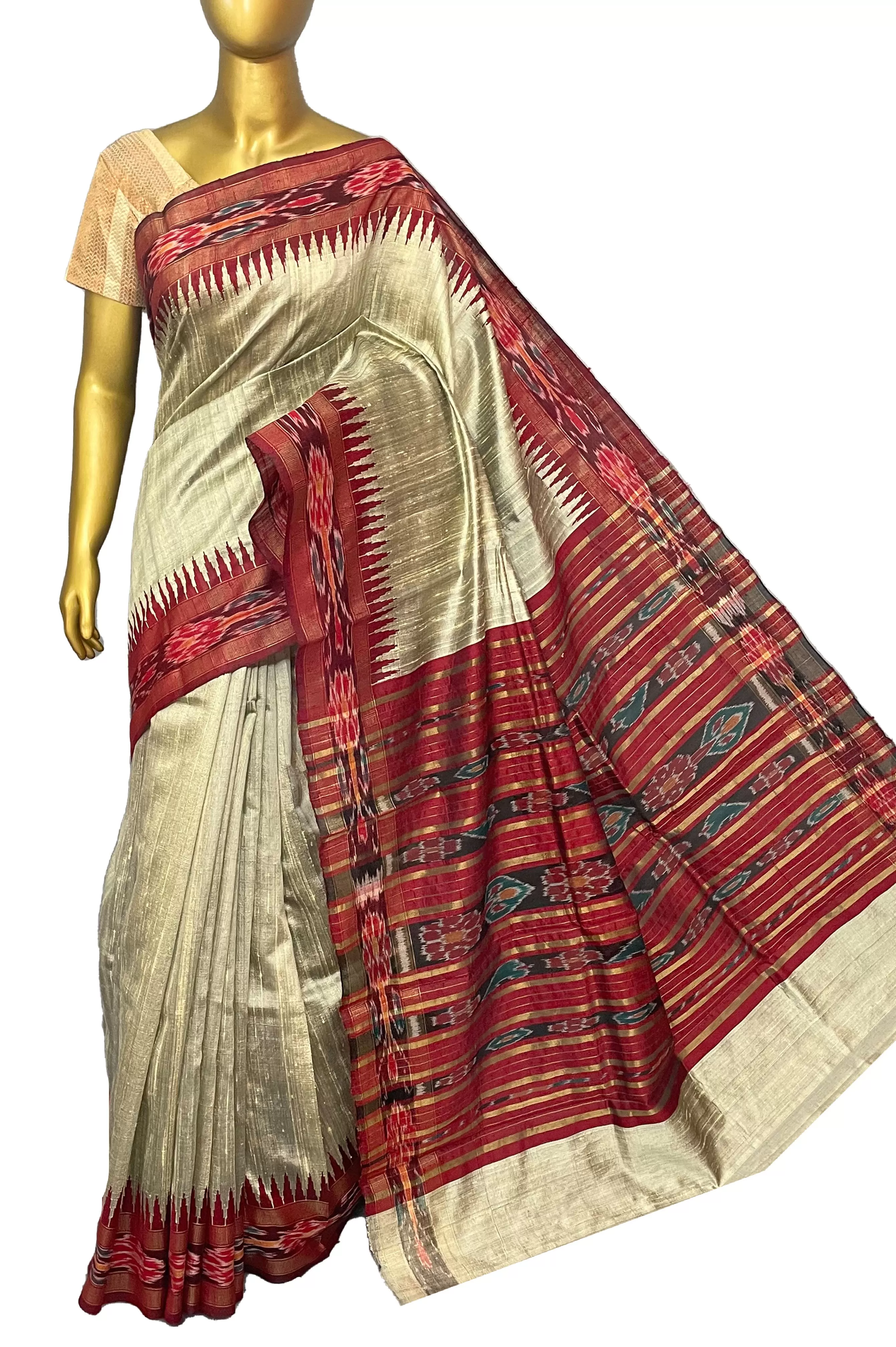 Grey and Maroon Color Pure Raw Silk Saree with Sambalpuri Border and Pallu