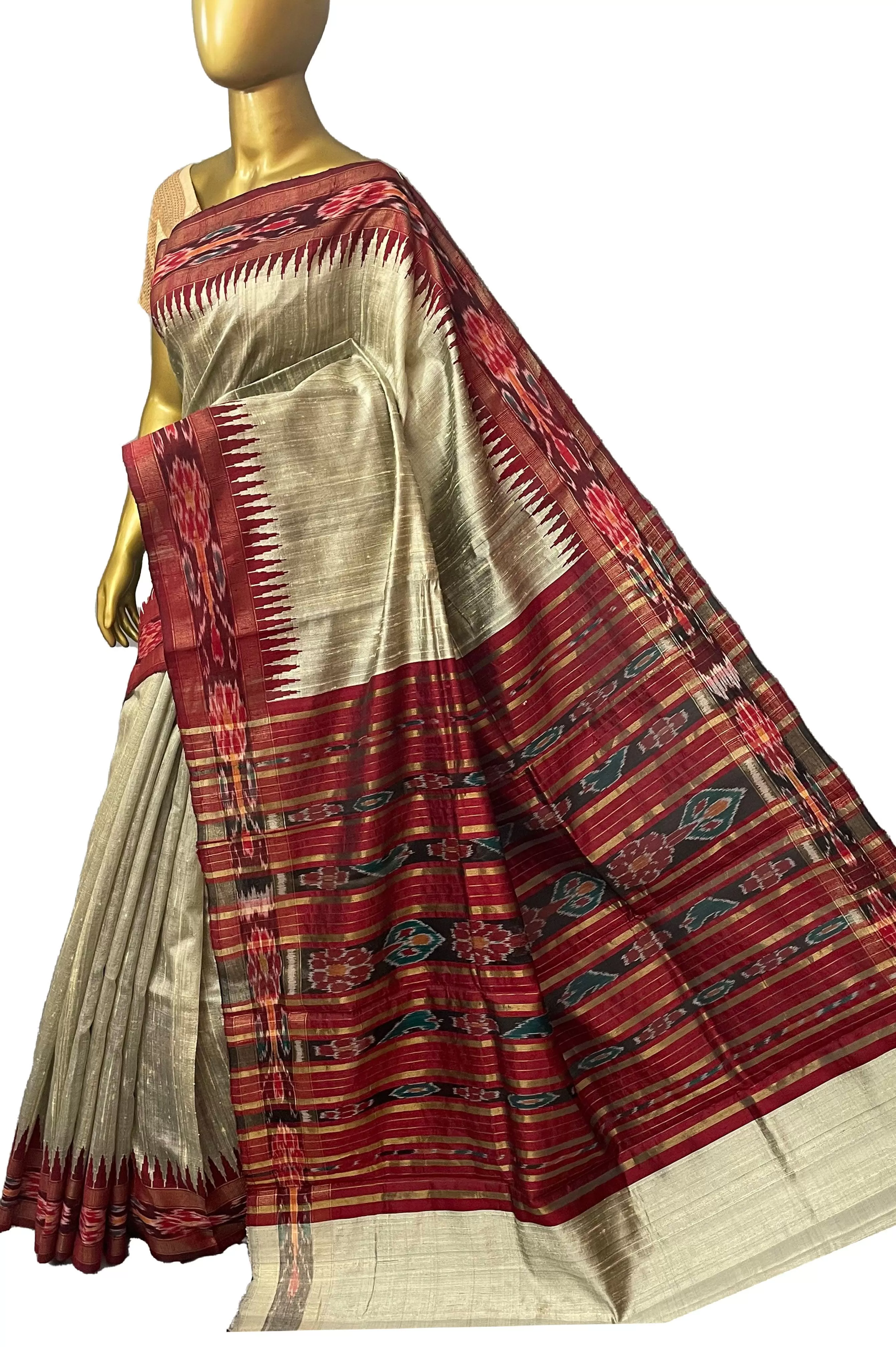 Grey and Maroon Color Pure Raw Silk Saree with Sambalpuri Border and Pallu