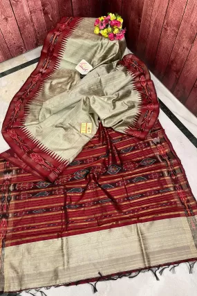 Grey and Maroon Color Pure Raw Silk Saree with Sambalpuri Border and Pallu