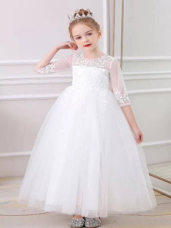 Half Sleeves Champagne Flower Girl Dresses Jewel Neck Ankle-Length A-Line Flowers Kids Party Dresses