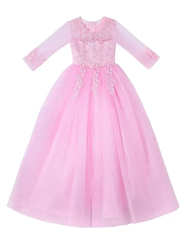 Half Sleeves Champagne Flower Girl Dresses Jewel Neck Ankle-Length A-Line Flowers Kids Party Dresses