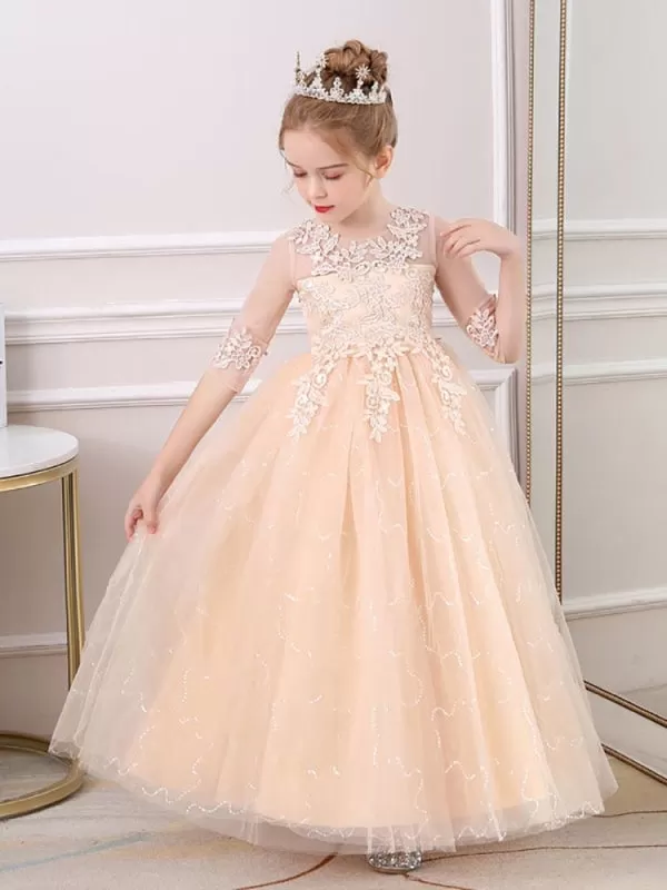 Half Sleeves Champagne Flower Girl Dresses Jewel Neck Ankle-Length A-Line Flowers Kids Party Dresses