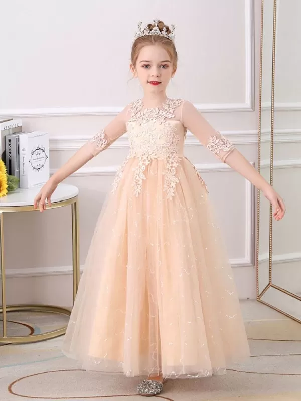 Half Sleeves Champagne Flower Girl Dresses Jewel Neck Ankle-Length A-Line Flowers Kids Party Dresses