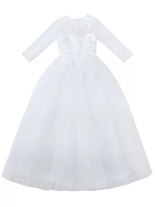 Half Sleeves Champagne Flower Girl Dresses Jewel Neck Ankle-Length A-Line Flowers Kids Party Dresses