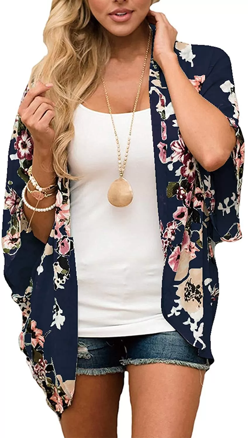 Haute Edition Women's Lightweight Summer Kimono Cardigan Cover Up in Leopard and Floral