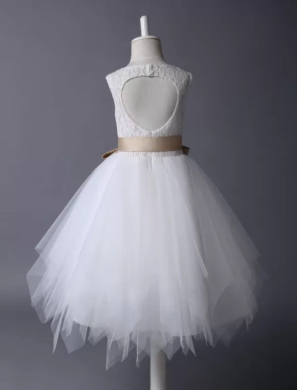 Ivory Lace Flower Girl Dress Satin Ribbon Bow Sash Illusion Tutu Dress