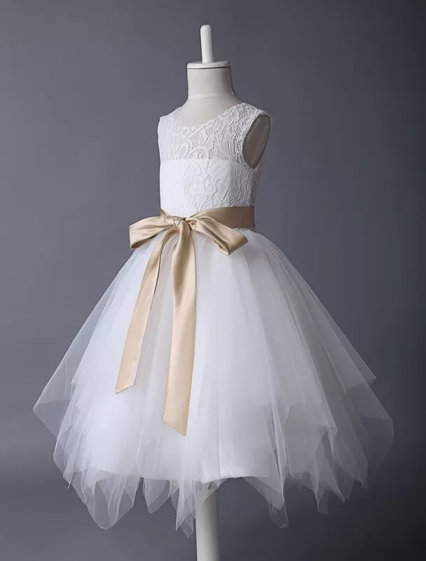 Ivory Lace Flower Girl Dress Satin Ribbon Bow Sash Illusion Tutu Dress