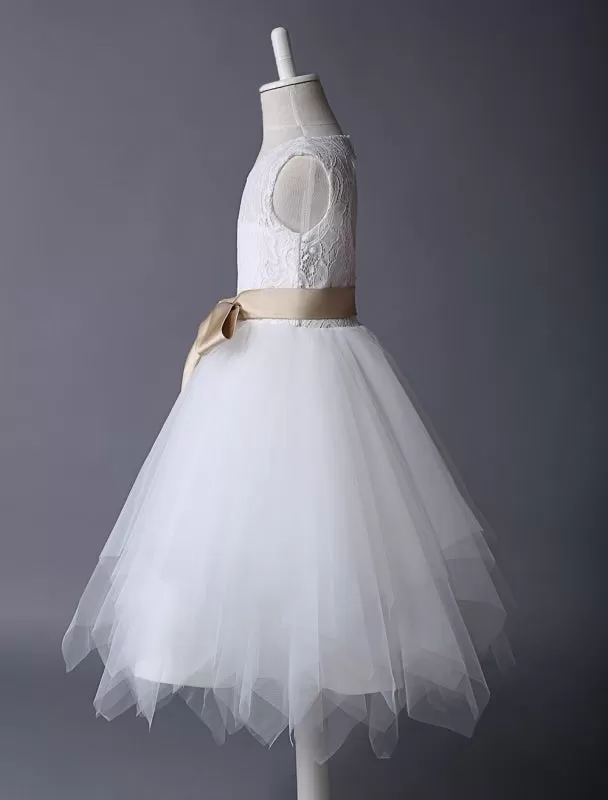 Ivory Lace Flower Girl Dress Satin Ribbon Bow Sash Illusion Tutu Dress