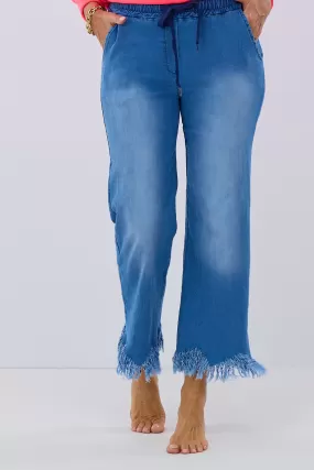 Jeans Schlupfhose mit Fransen, dunkelblau