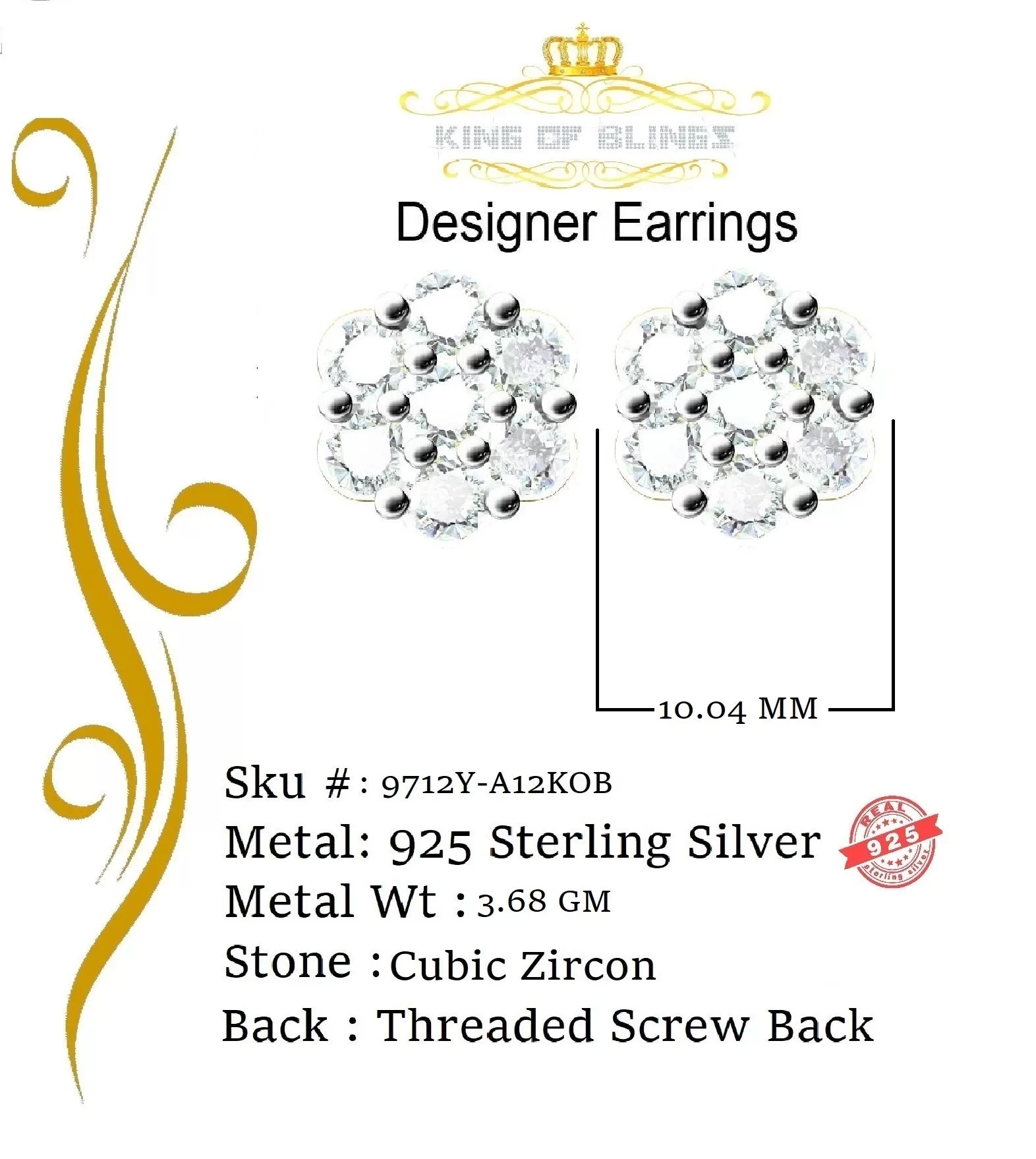 King of Bling's 4.34ct Cubic Zirconia 925 Yellow Silver Women's & Men's Hip Hop Floral Earrings