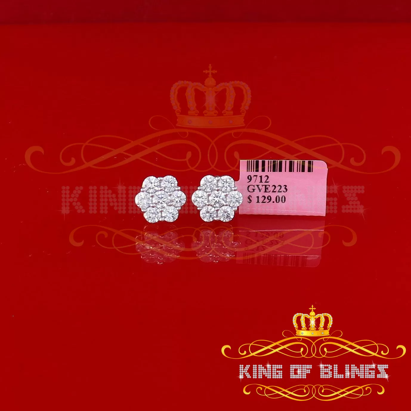 King of Bling's 4.34ct Cubic Zirconia 925 Yellow Silver Women's & Men's Hip Hop Floral Earrings