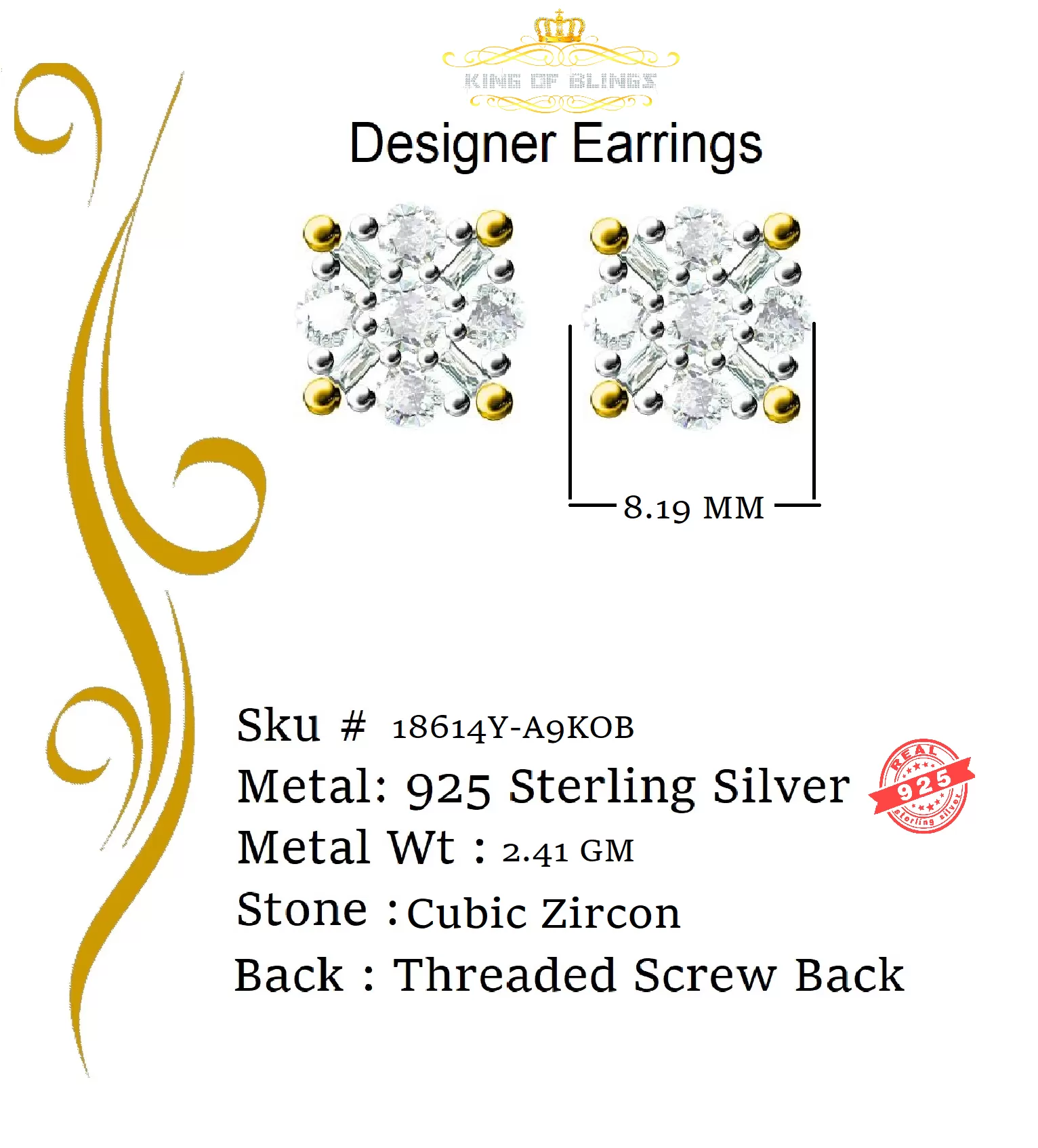 King of Bling's 925 Yellow 1.96ct Sterling Silver Cubic Zirconia Women's Hip Hop Round Earrings