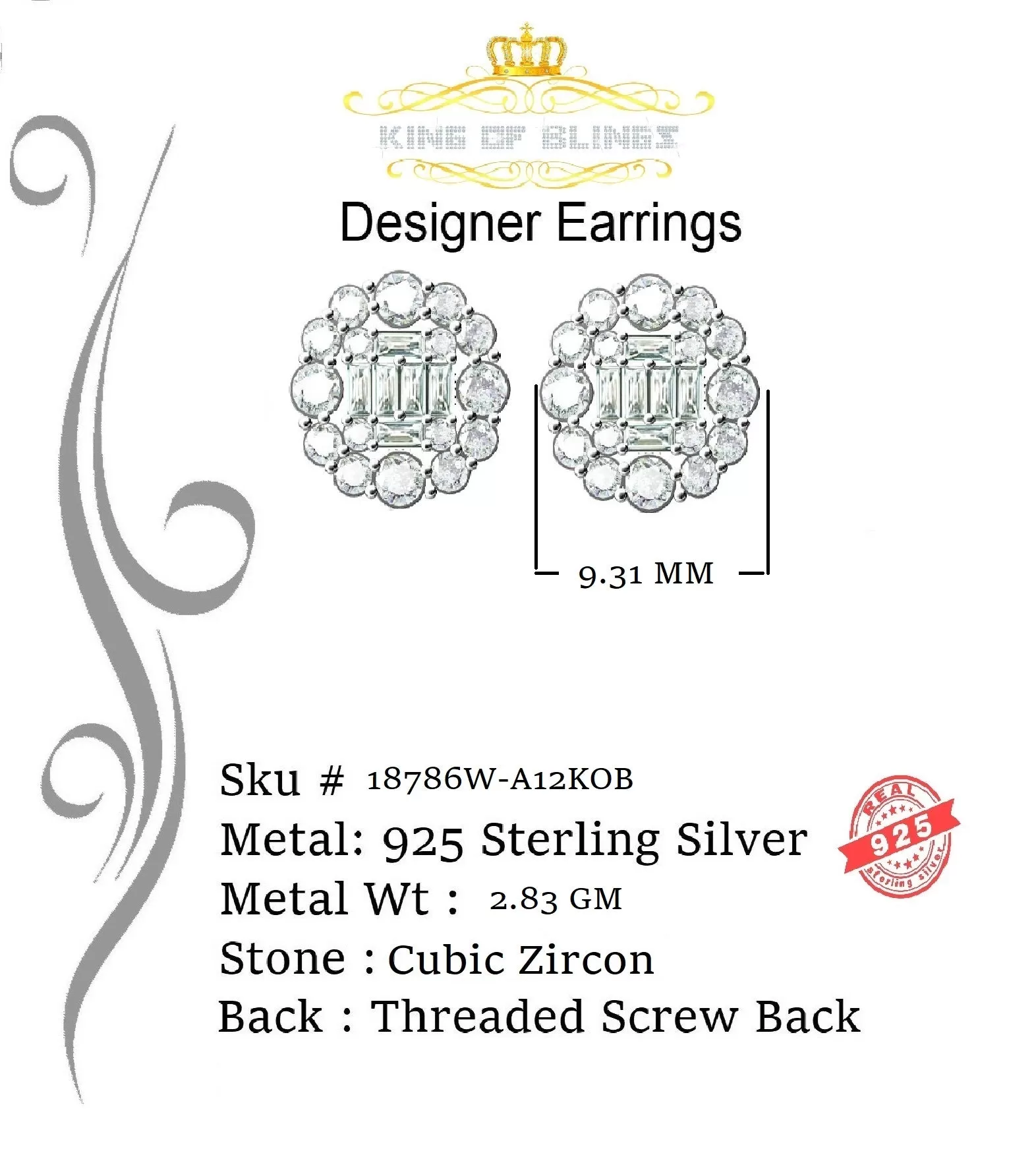 King of Blings- Aretes Para Hombre 925 White Silver 1.98ct Cubic Zirconia Round Women's Earrings