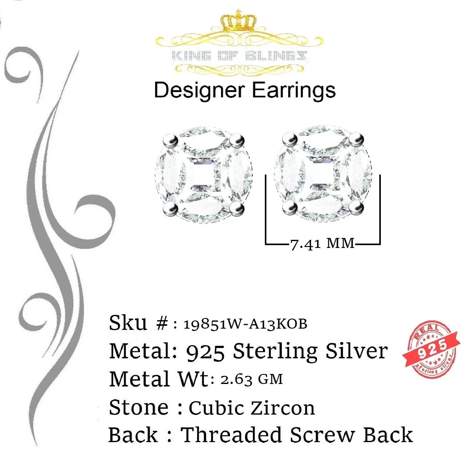 King of Blings- White 925 Sterling Silver 1.74ct Cubic Zirconia Women's & Men's Round Earrings