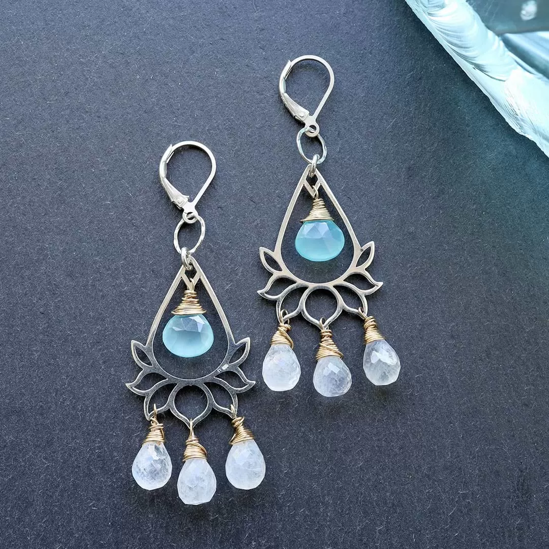 Lanai - Lotus Chalcedony and Moonstone Briolette Chandelier Earrings