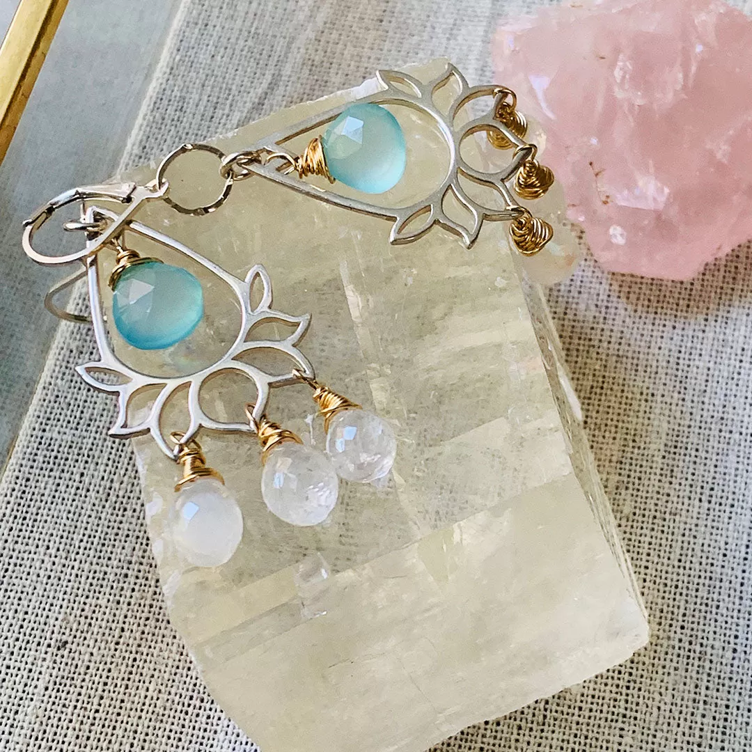 Lanai - Lotus Chalcedony and Moonstone Briolette Chandelier Earrings