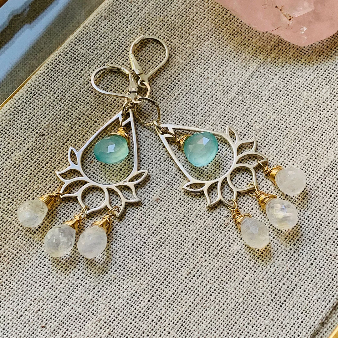 Lanai - Lotus Chalcedony and Moonstone Briolette Chandelier Earrings