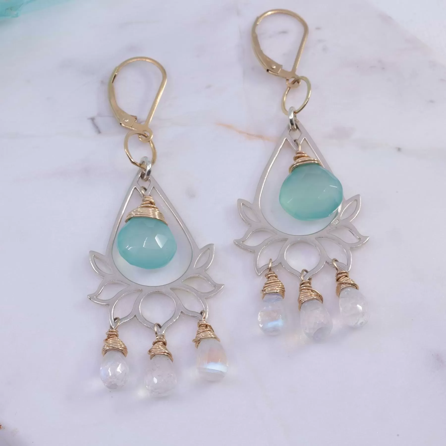 Lanai - Lotus Chalcedony and Moonstone Briolette Chandelier Earrings