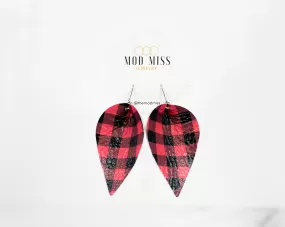 Leather Petal Earring Buffalo Plaid Red Mini