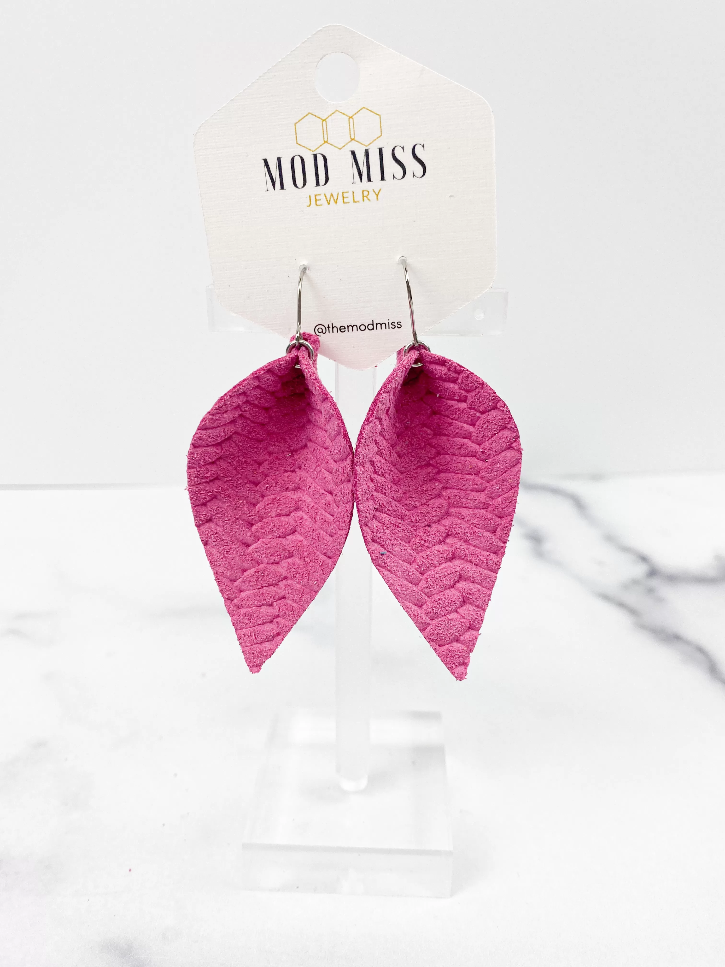 Leather Petal Earring Weaved Hot Pink