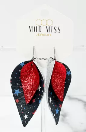 Leather Stacked Petal Earring Metallic Red on Navy Tiny Stars