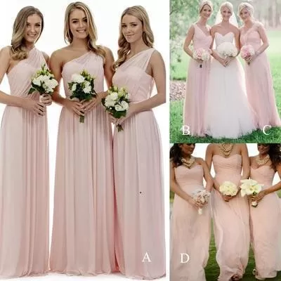 Long Light Pink Mismatched A-Line One Shoulder Sleeveless Elegant Bridesmaid Dresses