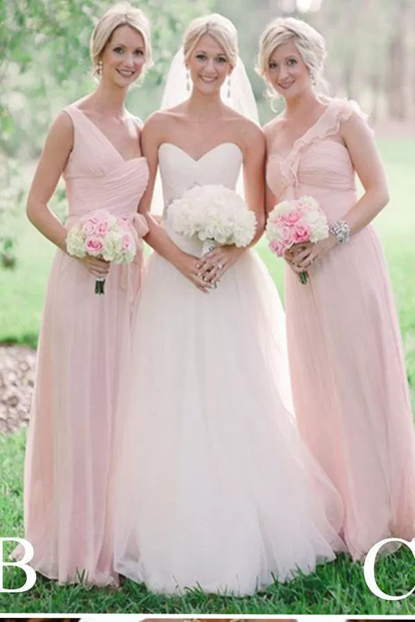 Long Light Pink Mismatched A-Line One Shoulder Sleeveless Elegant Bridesmaid Dresses