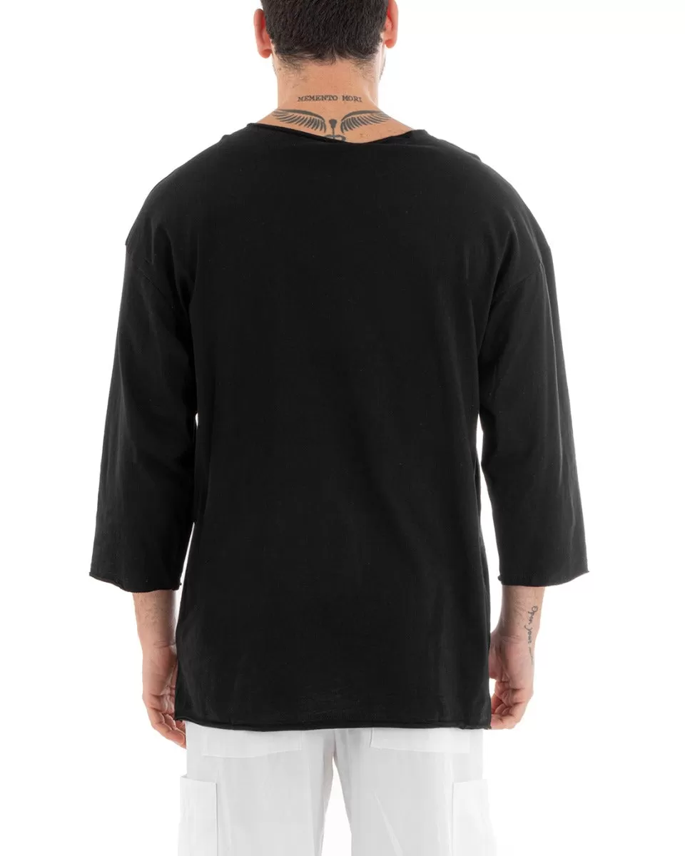 Maglia Uomo Maglioncino Manica Lunga Basic Girocollo Tinta Unita Nero Leggera GIOSAL-M2654A