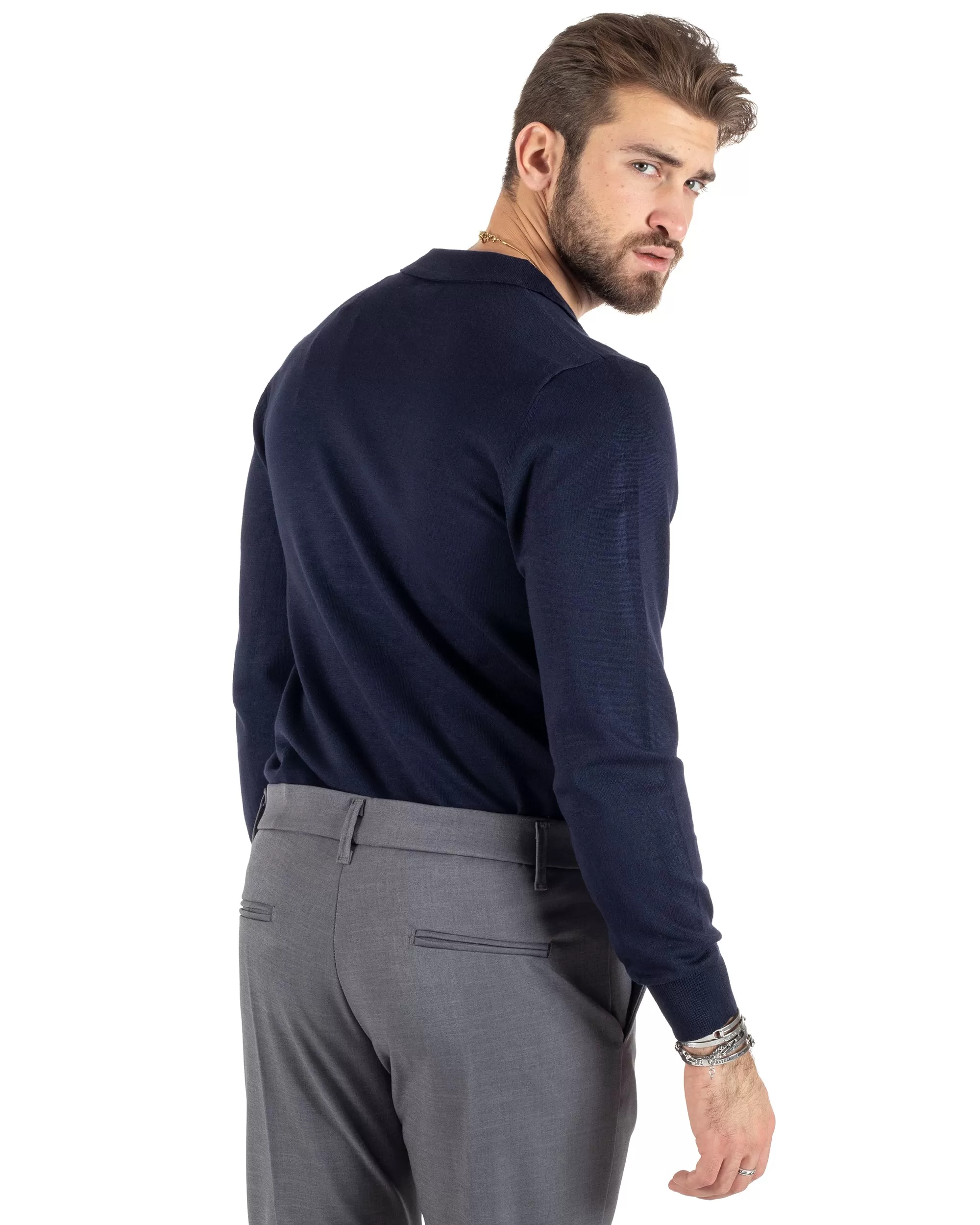 Maglioncino Uomo Casual Maglia Con Colletto Polo Scollo V Tinta Unita Basic Blu GIOSAL-M2783A