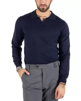 Maglioncino Uomo Casual Maglia Con Colletto Polo Scollo V Tinta Unita Basic Blu GIOSAL-M2783A