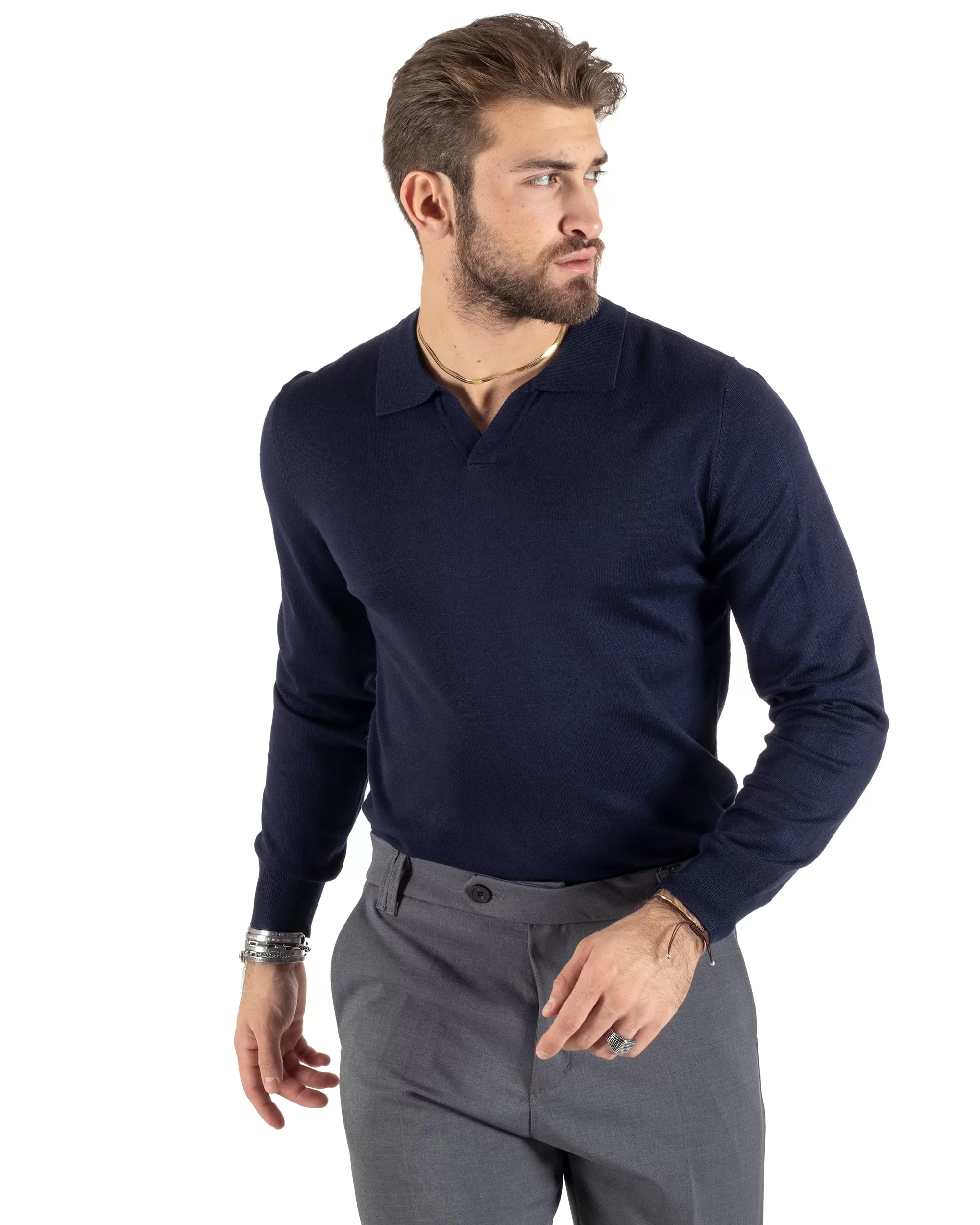 Maglioncino Uomo Casual Maglia Con Colletto Polo Scollo V Tinta Unita Basic Blu GIOSAL-M2783A