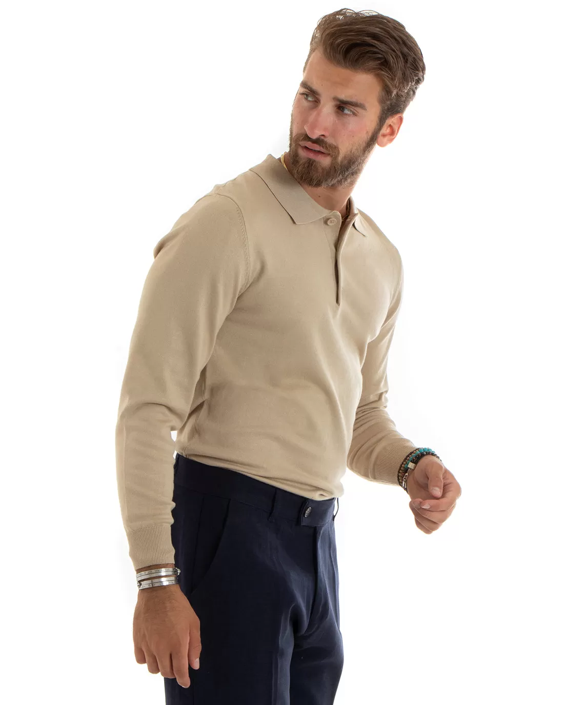 Maglioncino Uomo Casual Maglia Con Colletto Polo Tinta Unita Basic Beige GIOSAL-M2681A