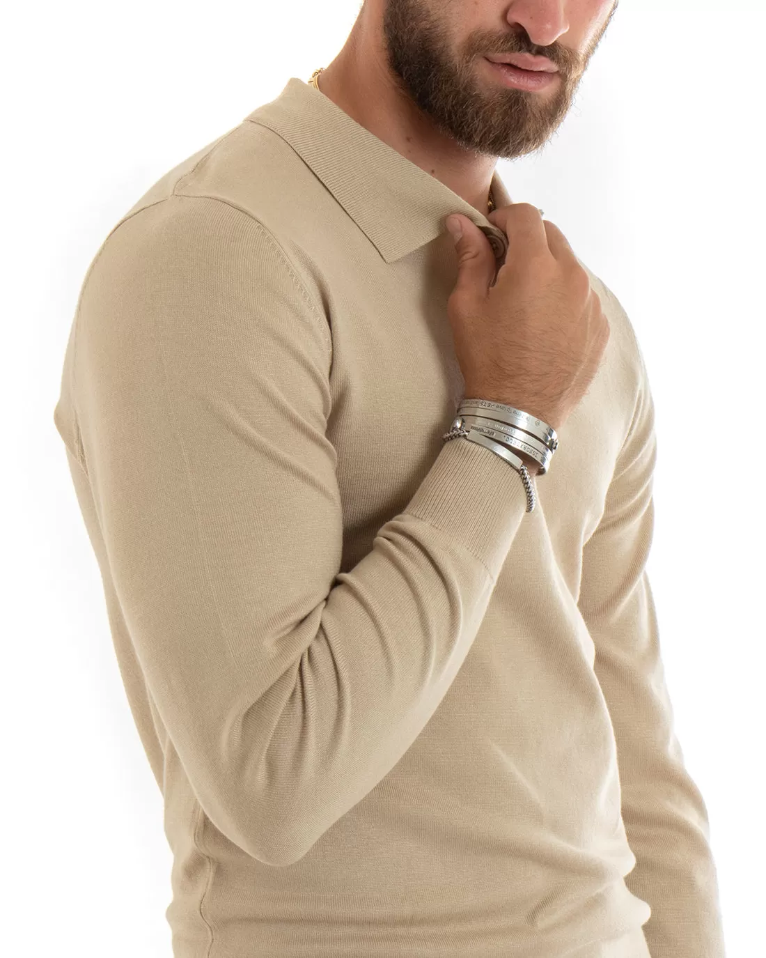 Maglioncino Uomo Casual Maglia Con Colletto Polo Tinta Unita Basic Beige GIOSAL-M2681A