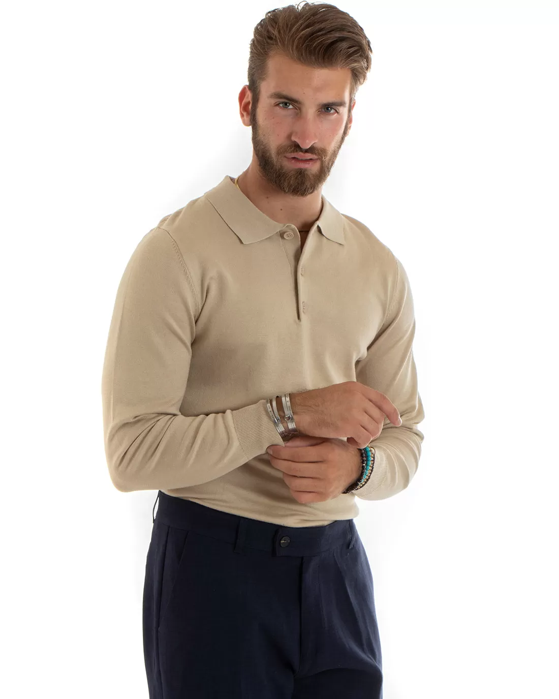 Maglioncino Uomo Casual Maglia Con Colletto Polo Tinta Unita Basic Beige GIOSAL-M2681A