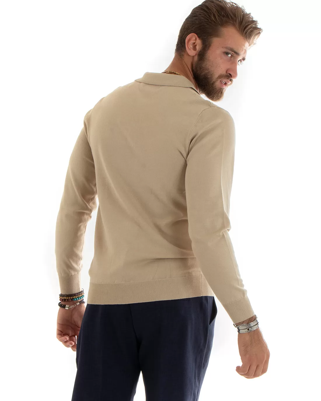 Maglioncino Uomo Casual Maglia Con Colletto Polo Tinta Unita Basic Beige GIOSAL-M2681A