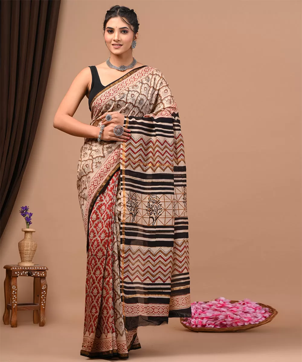 Maroon black cotton silk hand block printed bagru saree