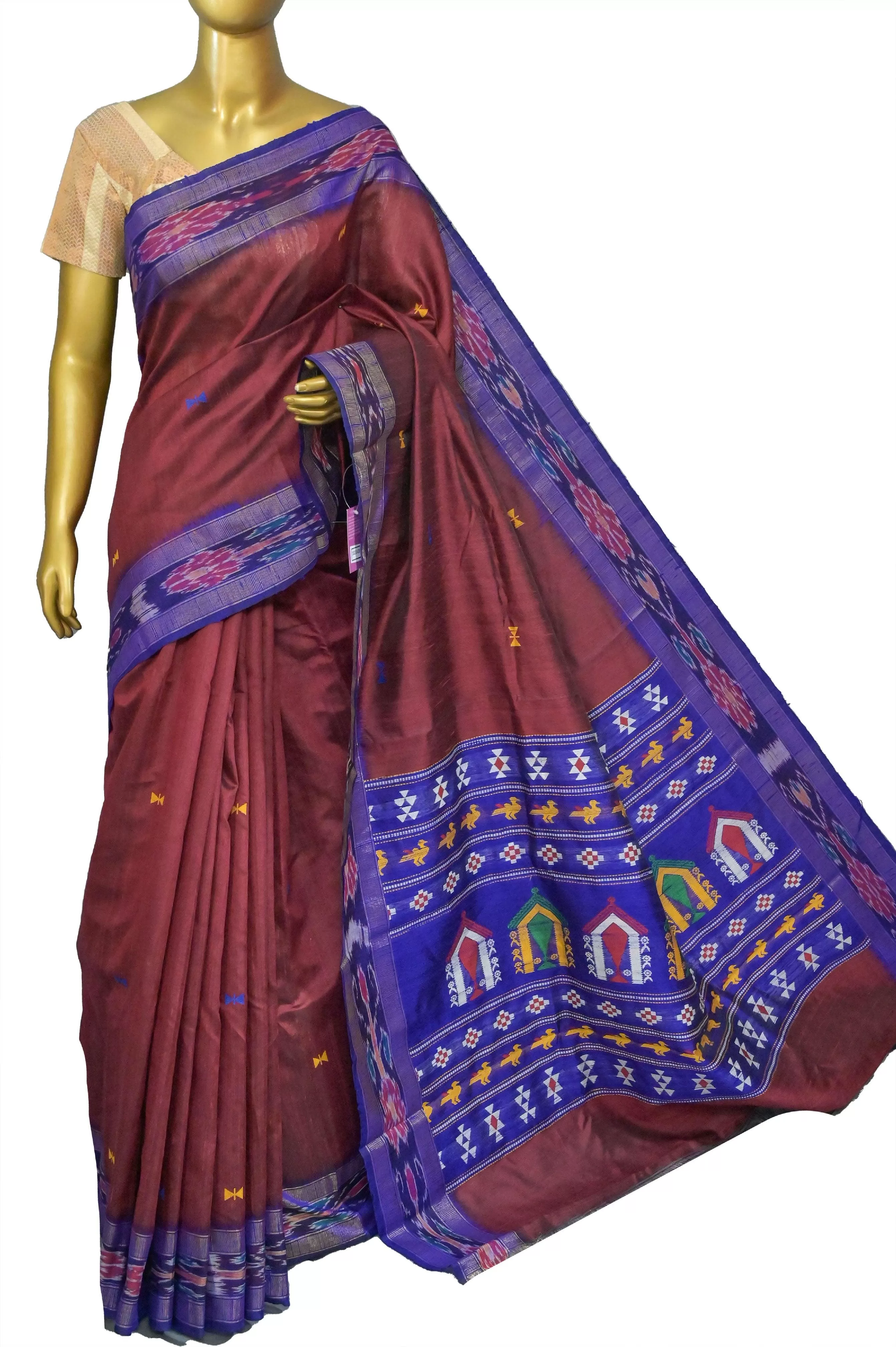 Maroon Color Pure Raw Silk Saree with Dolabedi Pallu and Sambalpuri Border