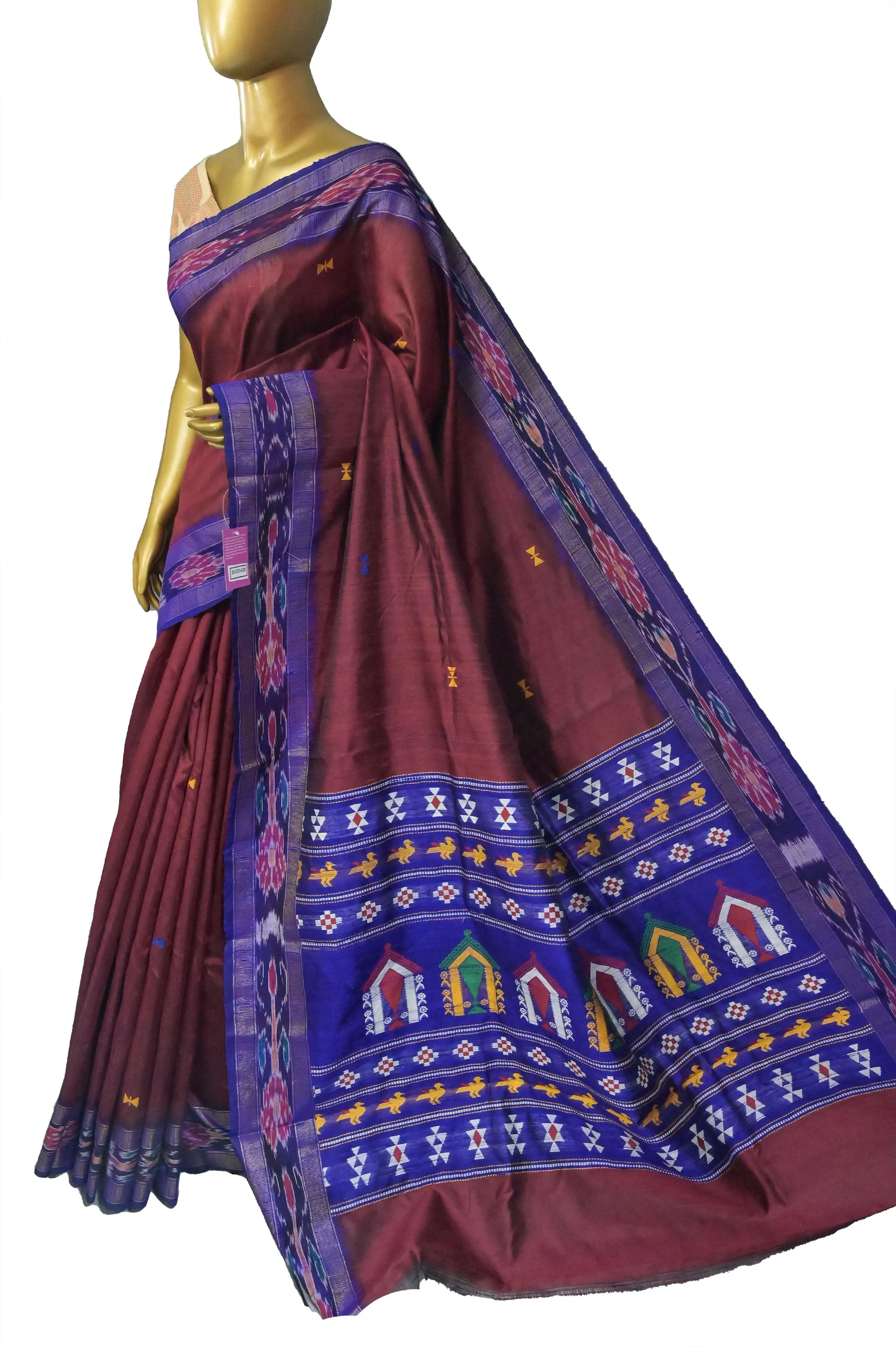 Maroon Color Pure Raw Silk Saree with Dolabedi Pallu and Sambalpuri Border