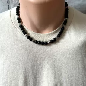 Matte Black Onyx and Silver Beaded Mens Necklace