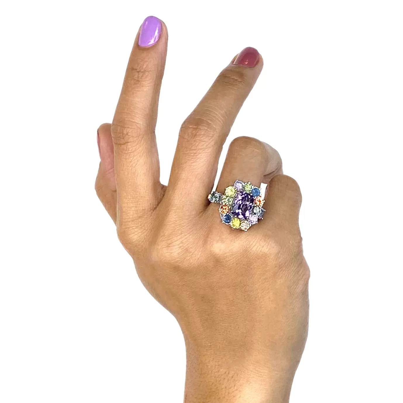 MCL Design Sterling Silver Statement Ring with White Enamel, Mixed Sapphires & Amethyst